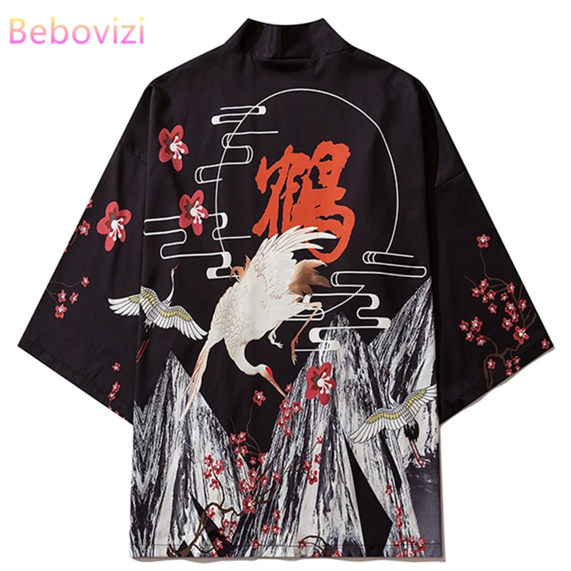 

Japanese Kimonos Casual Coat Beach Yukata Women Men Loose Shirt Crane Print Traditional Kimono Cardigan Cosplay Asian Clothes