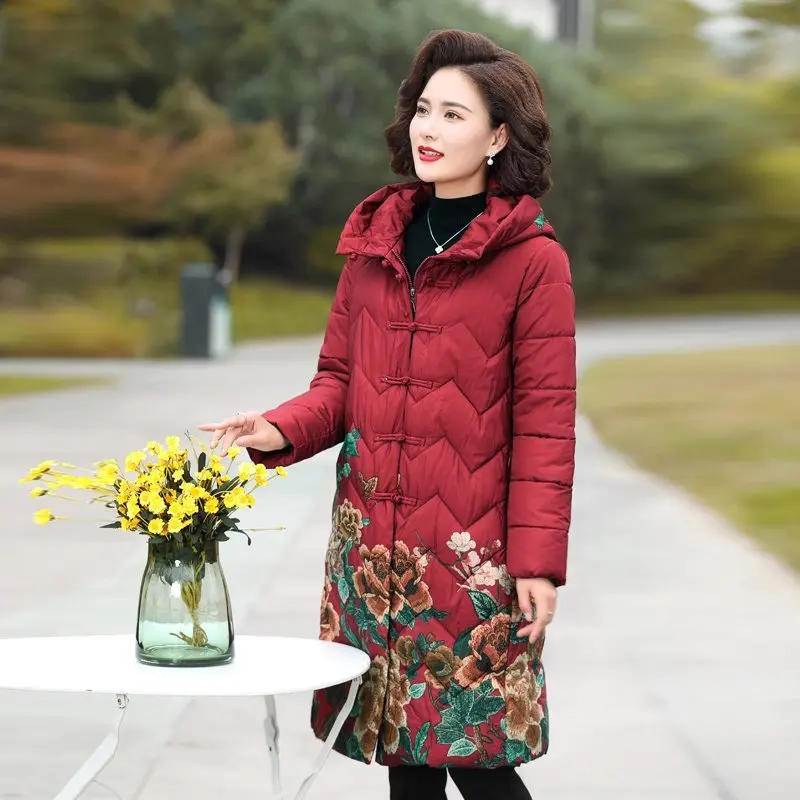 Winter Jacket Women Hooded Parka Long Coat Flower print Cotton Padded Winter Coat Women Warm Thicken Jaqueta Feminina