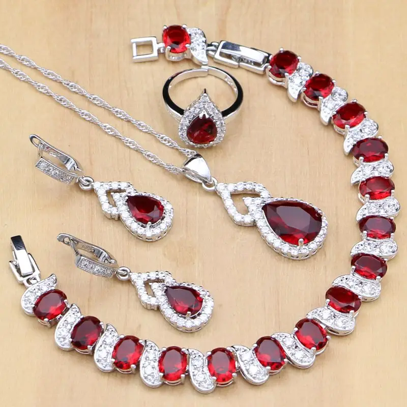 Water Drop 925 Sterling Silver Jewelry Red CZ Stone Jewelry Sets Women Earrings/Pendant/Necklace/Open Rings/Bracelet