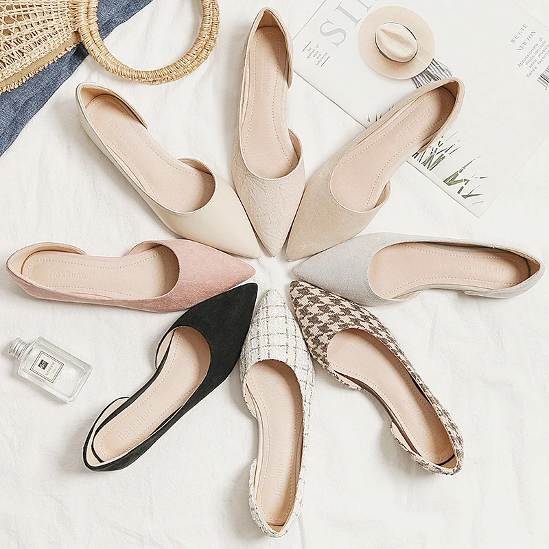 Spring 2021 New Shallow Mouth Flat Bottom Shoes Pointed Toe Solid Color Flat Heel Shoes Slip on Size 31 32 33 44 45 46 Flock