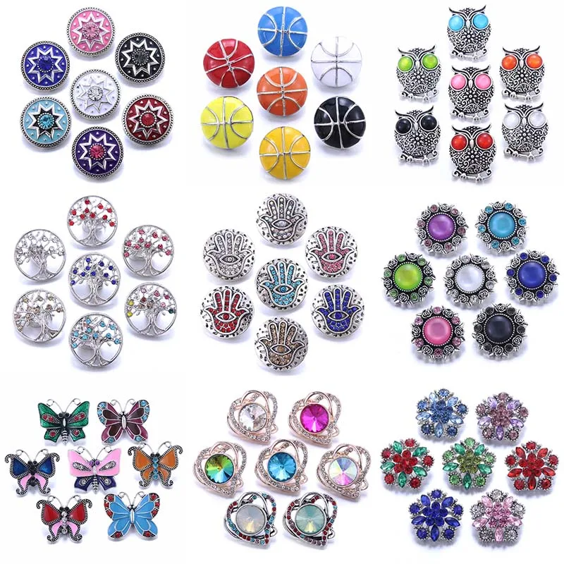 Boom Life 10pcs/lot Wholesale Snap Jewelry 18mm Snap Buttons Mix Rhinestone Metal Flower Snaps Buttons for Snap Bracelet Bangle