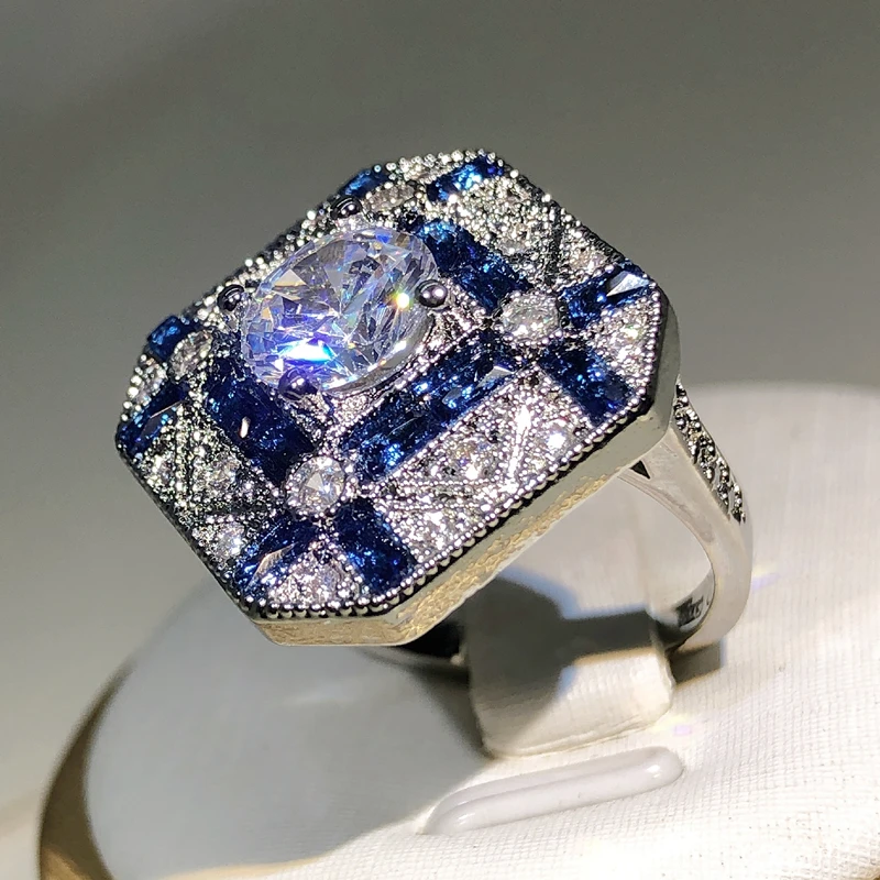 925 prata de luxo geometria grandes anéis para homens mulher azul branco zircão anel de noivado birthstone safira anel