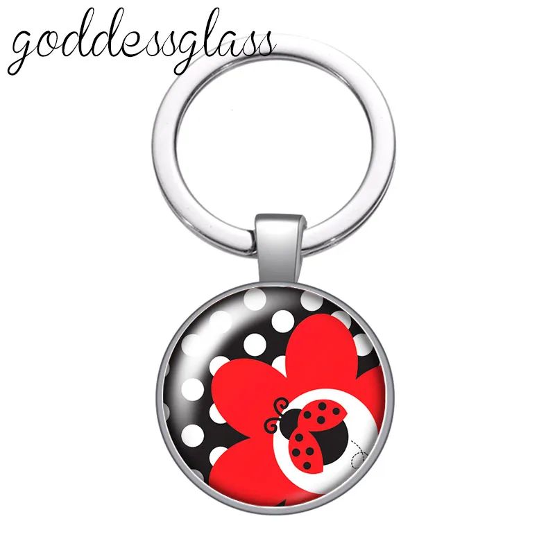 Cute Lovely Ladybug dots insect animals Round glass cabochon keychain Bag Car key chain Ring Holder Charms keychains for gift
