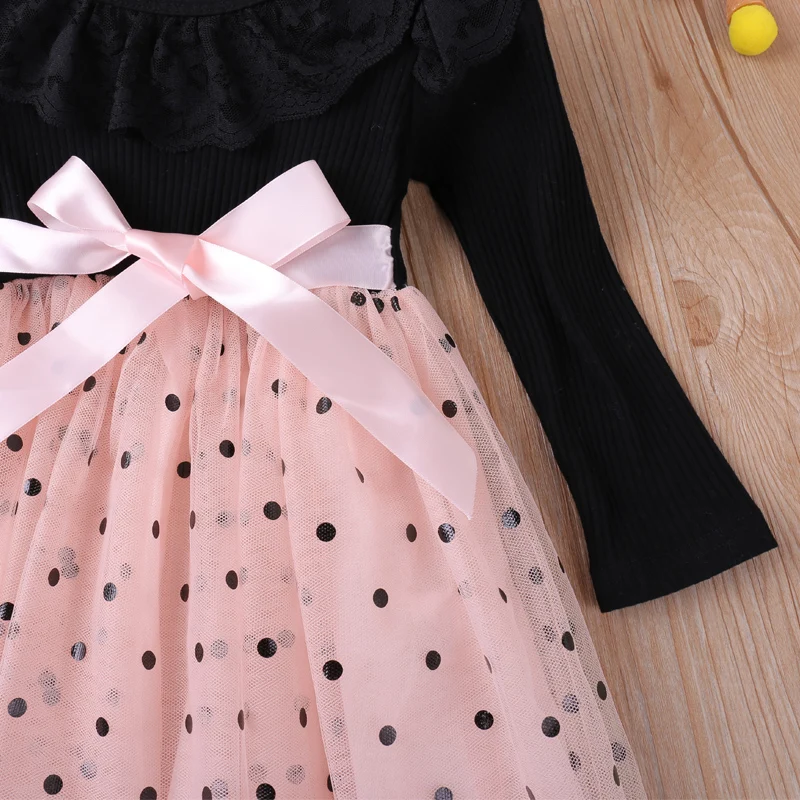 Humor Bear Girls Long Sleeve Dress Autumn New Lace Collar Mesh Yarn Patchwork Princess Dress Toddler Kids Clothes