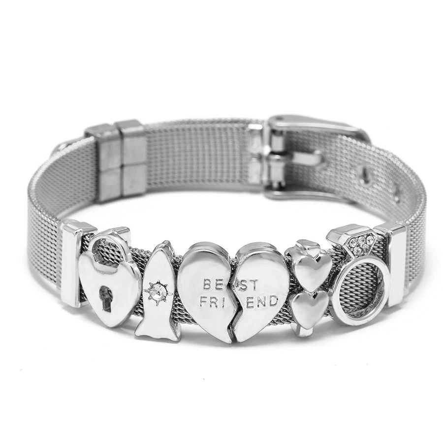 Silver Color Stainless Steel Mesh Bracelets For Women Men Lightning Heart Beads Lock Rocket Charm Bracelet 10mm Belt Bangle