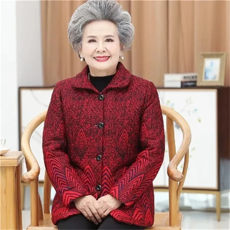 5XL Grandma\'s Autumn And Winter Clothes Velvet/No Velvet  Jacket Thick And Warm One-Piece/Suit Elderly Clothes Women Coat