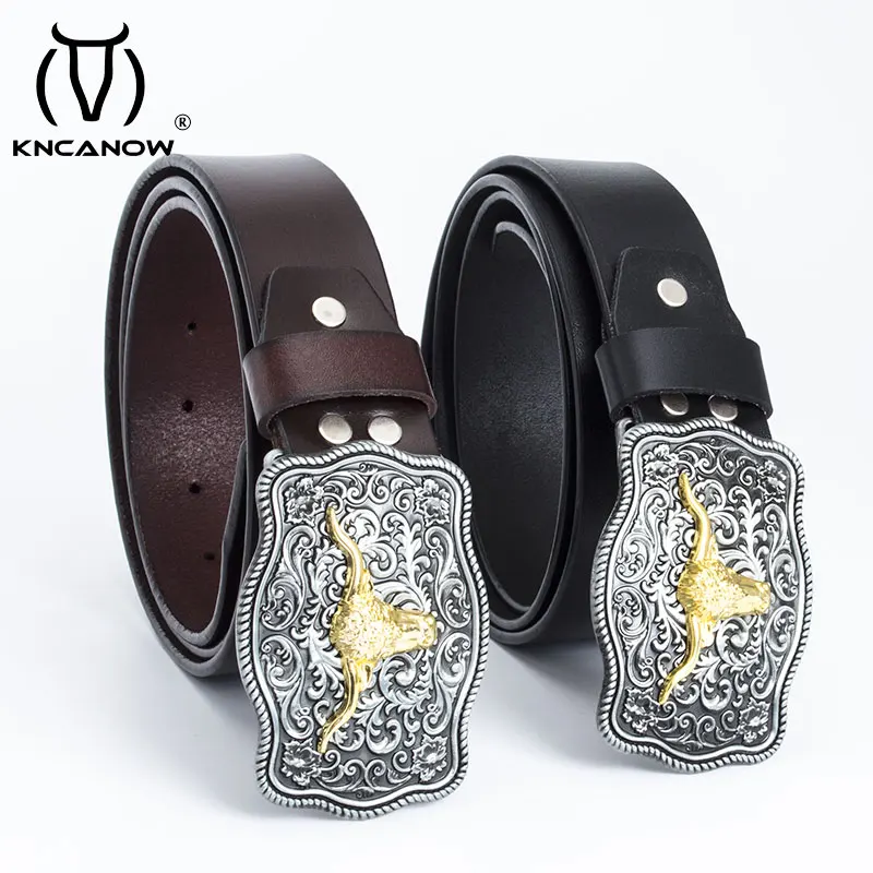 Men Cow Bull Smooth Buckle Zinc Alloy Belt Male Punk Rock Genuine Leather Strap Casual Personality Western Cowboy Accessories