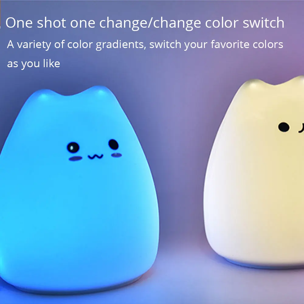 Lampe de chevet en Silicone, chat mignon, avec capteur tactile, alimenté par batterie, 7 couleurs, décoration de Table changeante, cadeau pour