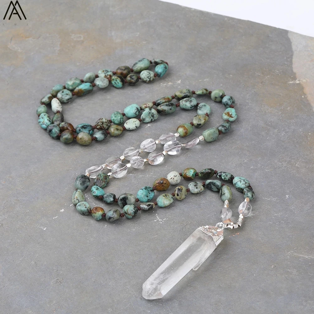 Natürliche Blau Apatit Nugget Chip Perlen Handmade Knot Halskette Frauen Weiß Quarz Punkt Perlen Yoga Halskette Lange 32 Zoll – Detail 3