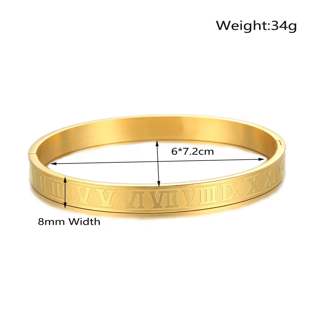 Big Size Men Women Stainless Steel Gold Color Open Bangle Roman Numeral Lover Cuff Bracelet Bangle For Men Wedding Jewelry Gift