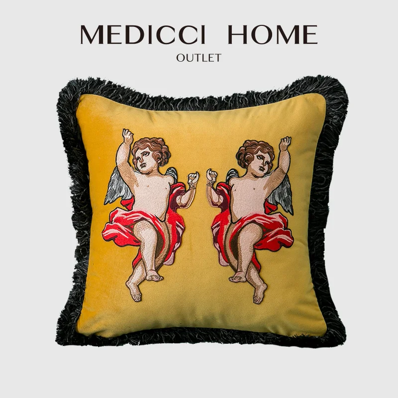 

Medicci Home Retro Cushion Cover High-End Italian Velvet Double Angel Embroidered Luxury Coussin Fringed Pillow Cases 45x45cm