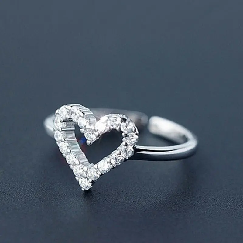 VENTFILLE 925 Sterling Silver Korean Fashion Simple Heart-shaped Diamond Love Ring