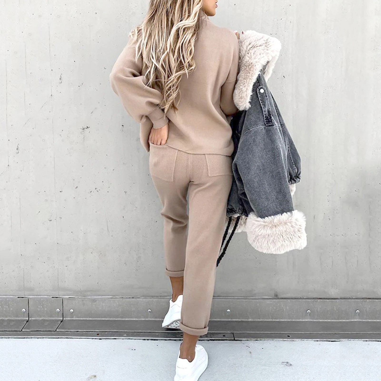 Solid Tracksuit Women Two Piece Set Autumn Clothes Oversize Sweatshirt Top and Stacked Pants Jogging Suit Female Leisure Outfits