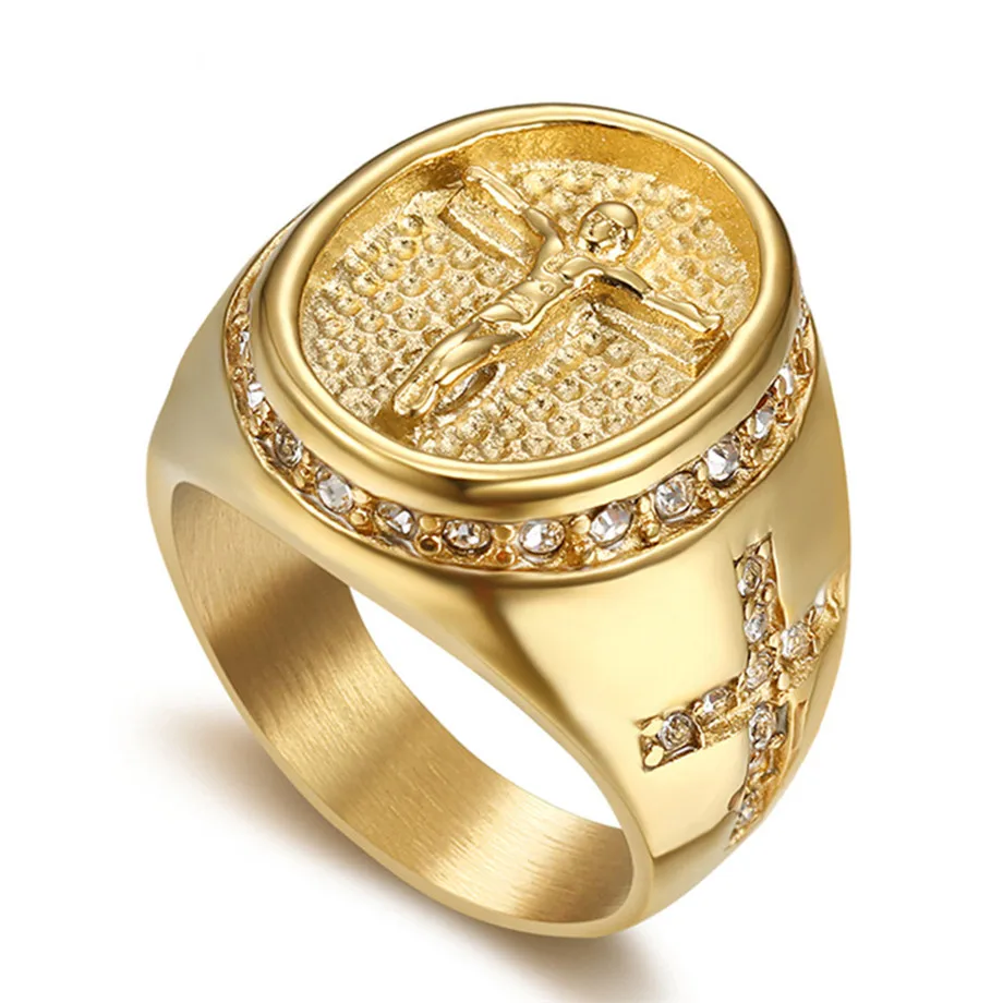 Hip Hop Iced Out Jesus Cross Ring Male Gold Color Stainless Steel Cubic Zirconia Christian Rings For Men Religious Jewelry Gift