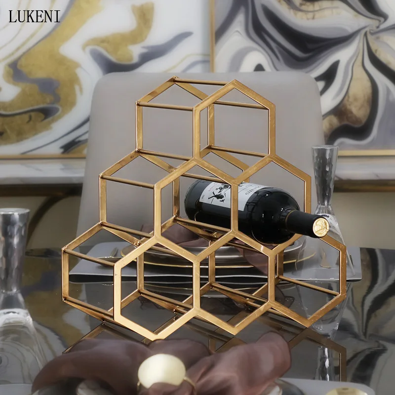 European Style Wine Rack Decoration Simple Modern Metal Bronze Color Living Room Home Hotel Model Honeycomb Wine Rack