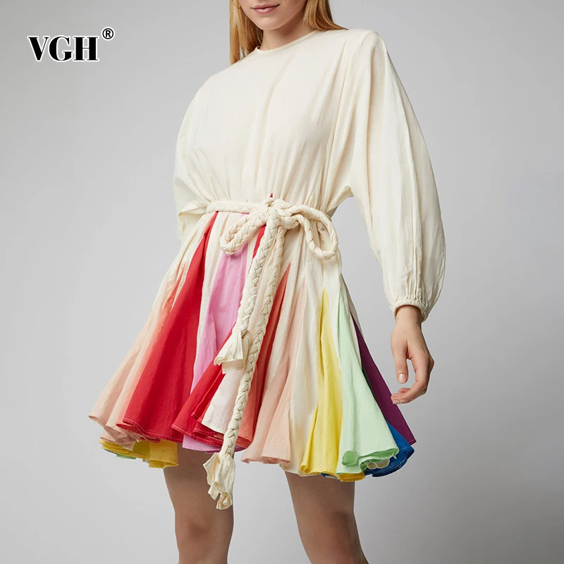 

VGH Casual Print Dress For Women O Neck Long Lantern Sleeve Bandage Bow High Waist A Line Dress Female Fashion New 2025 Spring