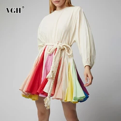 VGH Casual Print Dress For Women O Neck Long Lantern Sleeve Bandage Bow High Waist A Line Dress Female Fashion New 2025 Spring