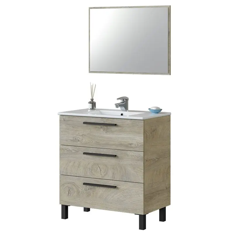 Athena bathroom toilet furniture Oak Alaska 3 drawers and mirror Industrial style 80x45 cm without sink