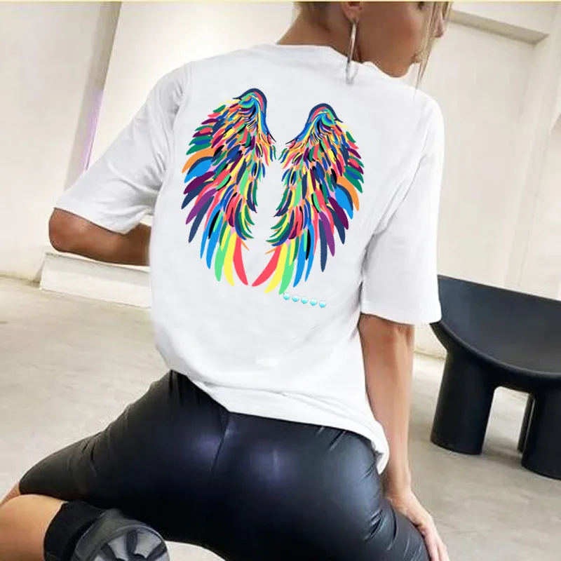 

1pcs Fashion Rainbow Angel Wings T-shirt Woman Causal Tops Novelty Half Sleeve O-neck T Shirt New Summer Loose Sexy T shirt