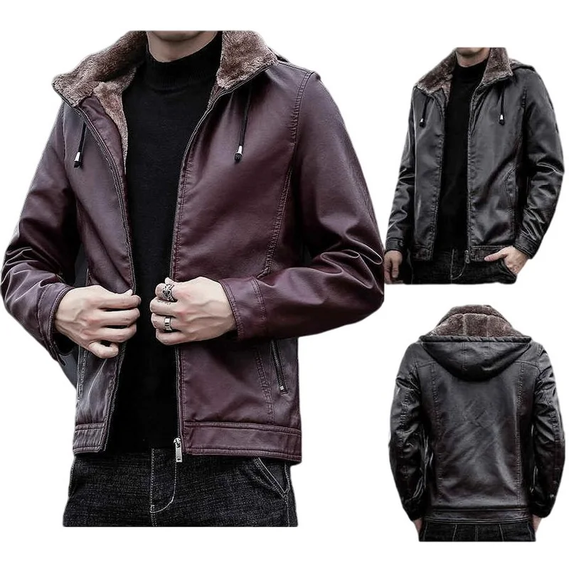 

Men Leather Hoodie Jacket Autumn Winter Fleece Leather Coat Lapel Hooded PU Leather Outwear