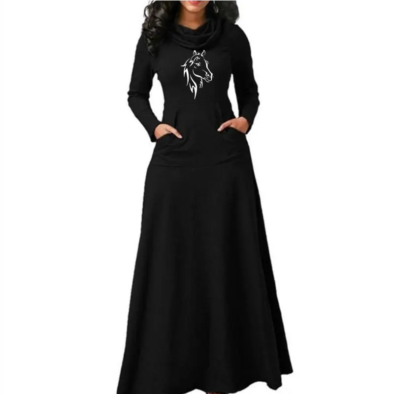 Horse Long Sleeve Woman Dress Print Fit and Flare Vintage Ladies Office Work Elegant Dresses Casual Party Vestido