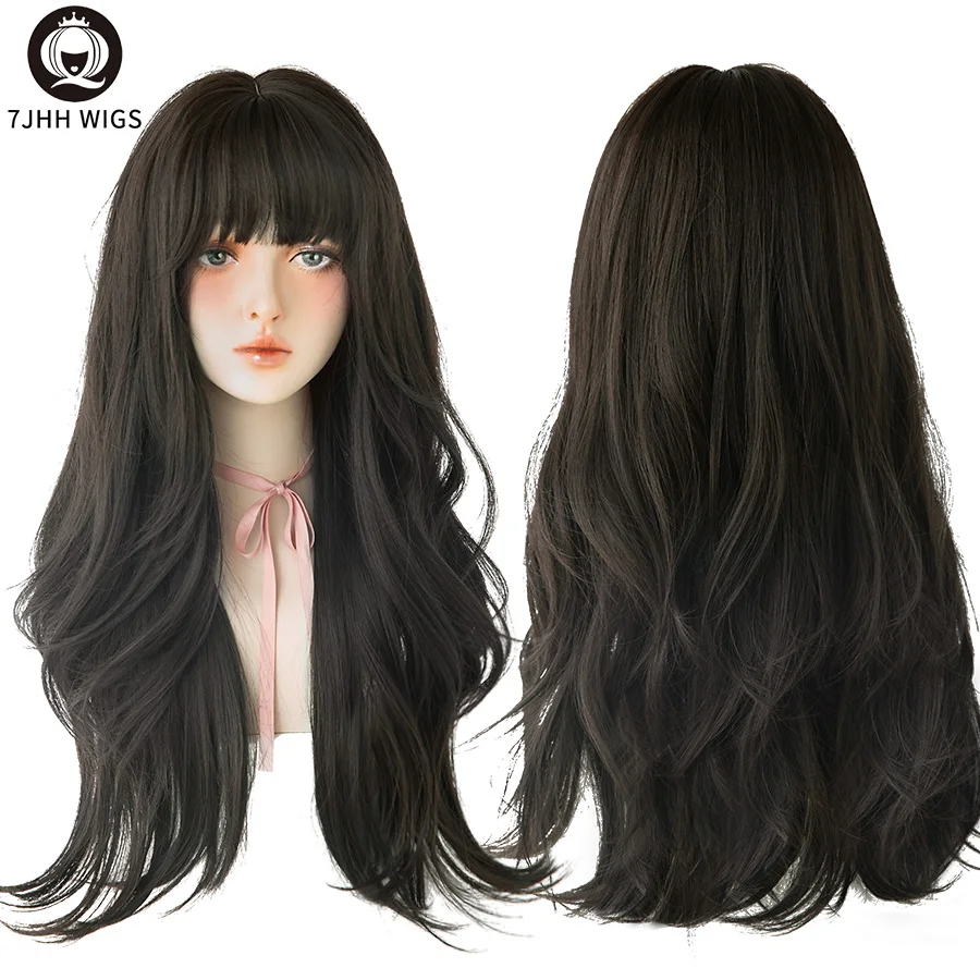 7JHH Black Brown Long Wavy Wig With Fluffy Bangs For Women To Wear Daily Heat-Resistant Synthetic Wig