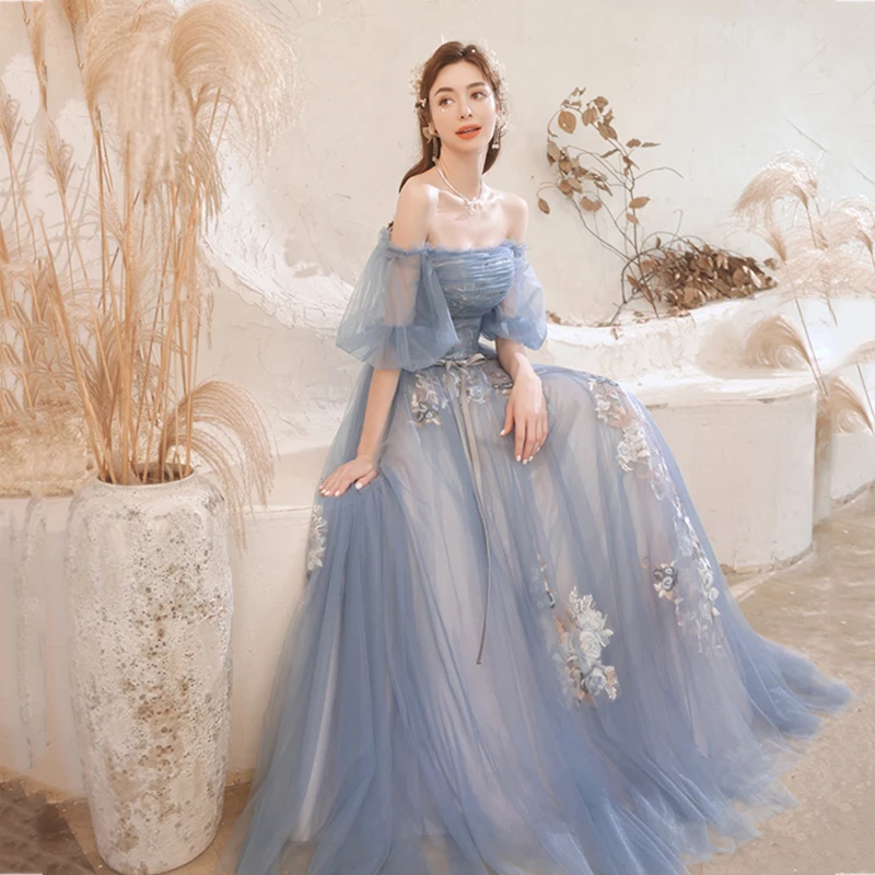 Elegant Off The Shoulder Long Birthday Party Gown Women Exquisite Embroidery Slim A-Line Banquet Gown Blue Tulle Wedding Dress