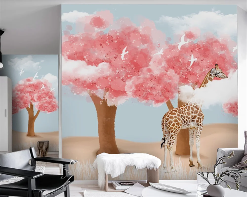 beibehang Custom modern Nordic minimalist hand painted woods giraffe blue sky white clouds children's room back wallpaper