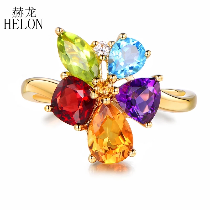 

Solid 14K Yellow Gold Sparkling Diamond Fancy Blue Topaz Peridot Citrine Amethyst Garnet Women Ring Anniversary Fine Jewelry