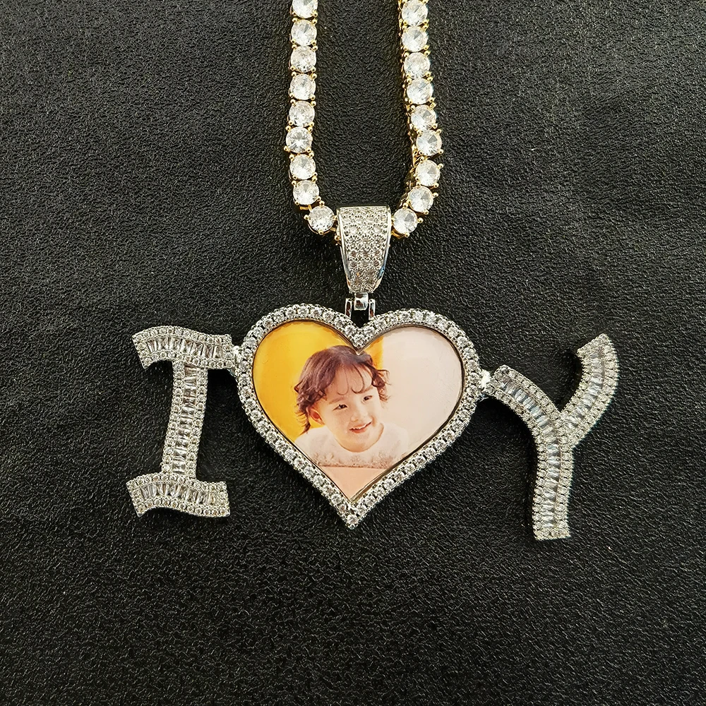 

Hip Hop Jewelry Custom Picture DIY letters I Y Love Pendant Necklace Men Fashion Photos Pendant Crystal Necklace