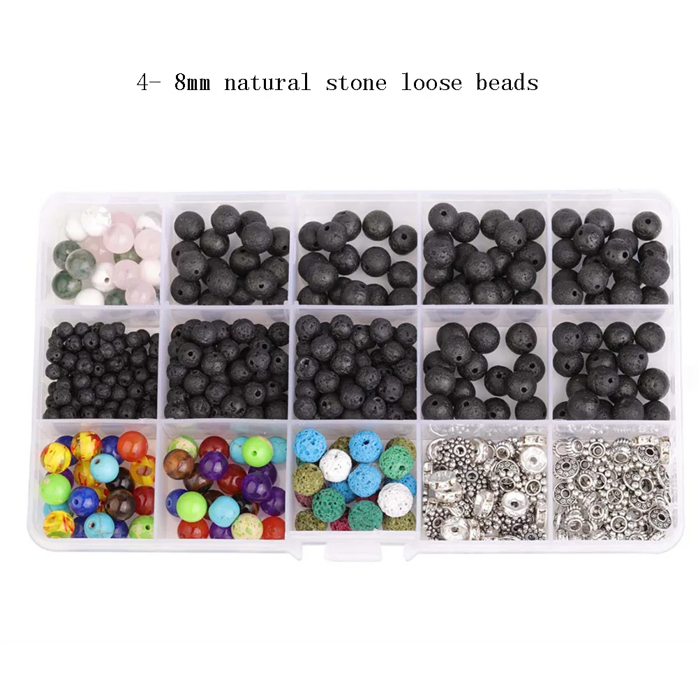 1 Set 4- 8mm Black Natural Volcanic Stone Chakra Beads, Natural Stone Loose Beads, Zinc Alloy Spacers, DIY Jewelry Accessories