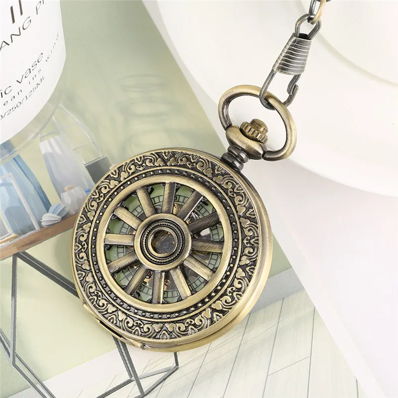 Antique Luminous Dial Mechanical Pocket Watch Bronze Hollow Wheel Unisex Hand-Winding Clock Steampunk Pendant Chain Gift reloj