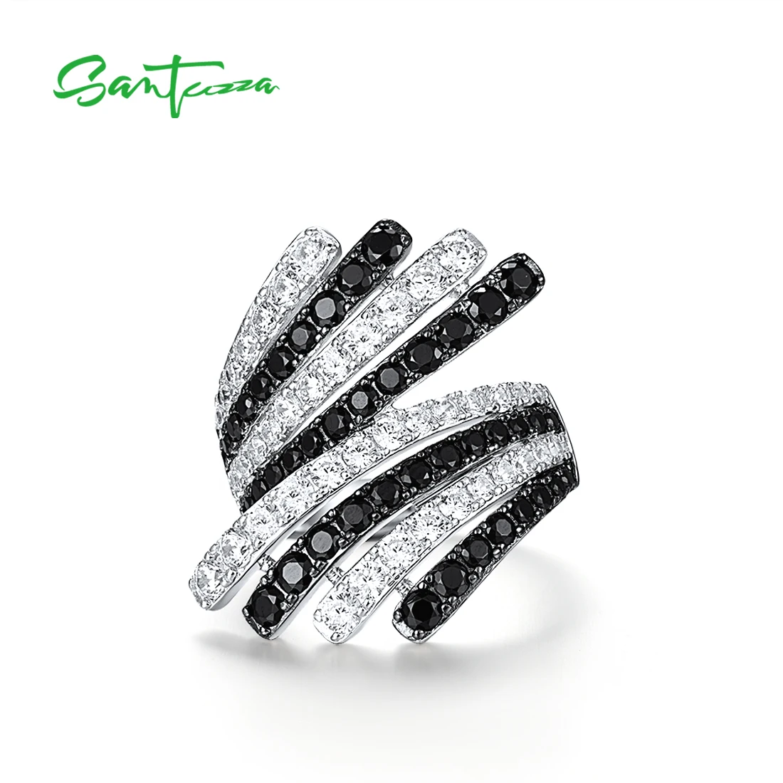 SANTUZZA Silver Rings For Women Pure 925 Sterling Silver Sparkling Black Spinel White CZ Feather Ring Glamorous Fine Jewelry