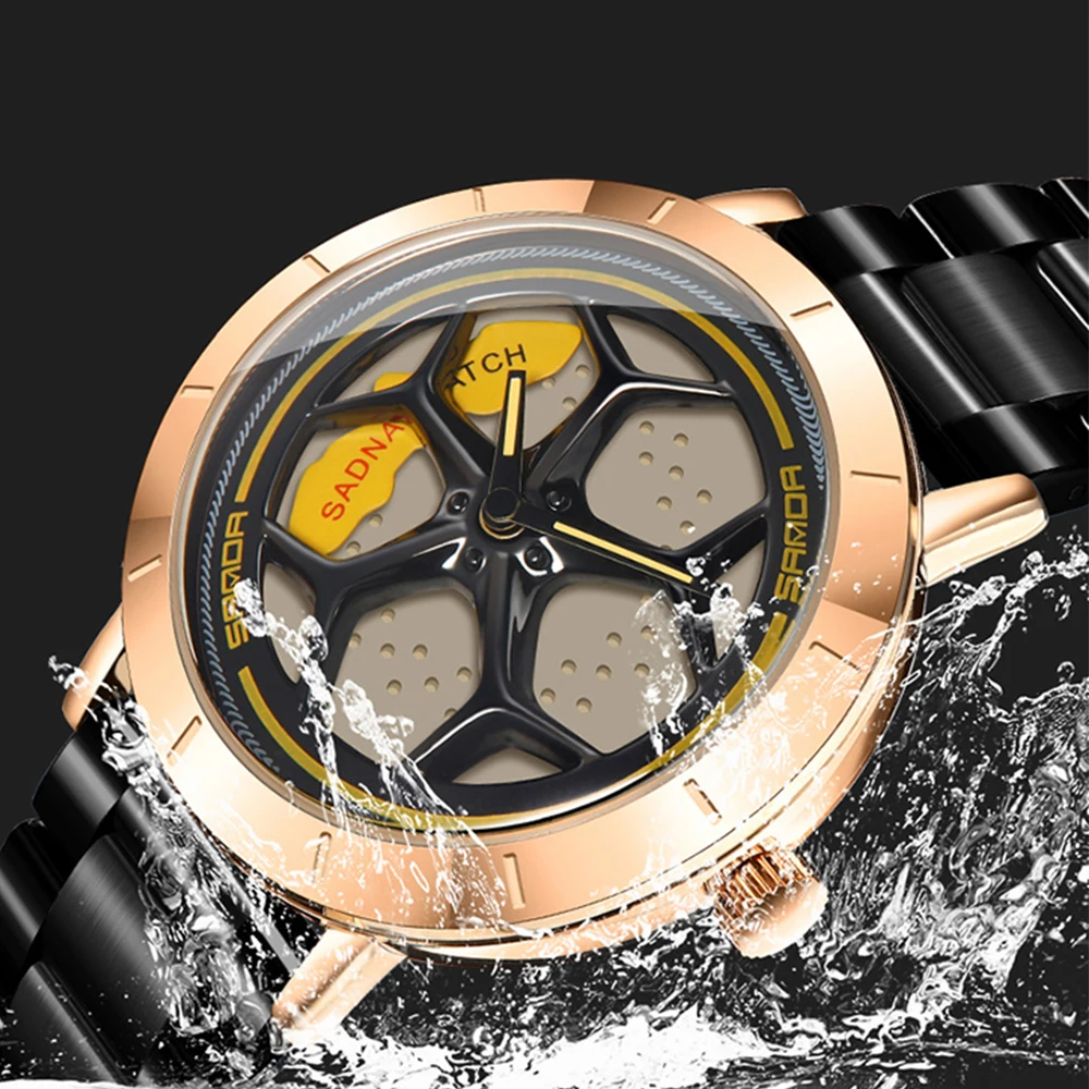 Fashion Men Hot Sell Car Rim Wristwatch Stainless Steel Waterproof Sport Quartz Watch 360 Degree Rotating Wheel Dial Watches