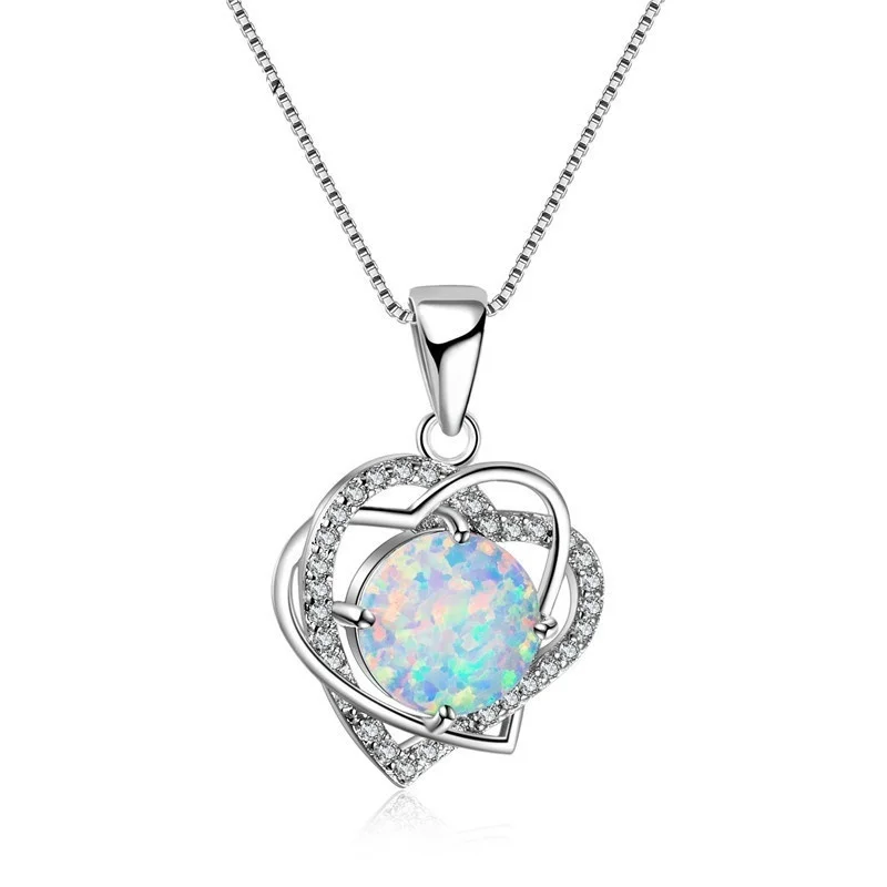 Fashion Women Necklace Double Heart White Fire Opal Pendant Wedding Accessories Birthday Gift For Girl Jewelry