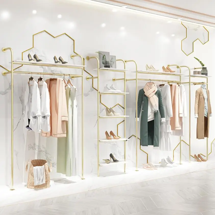 Clothing store display rack floor type women's clothing store shelf double layer clothes rack gold wall clothes rack