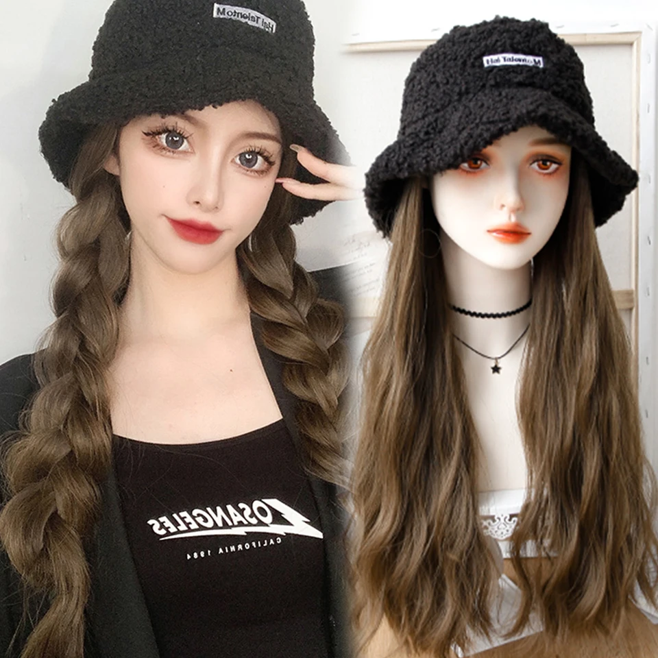 

AS Syntheti Curly hair Lamb wool fisherman hat Berets Wig Natural Black Straight Wigs Naturally Connect Synthetic Hat Wig Adju