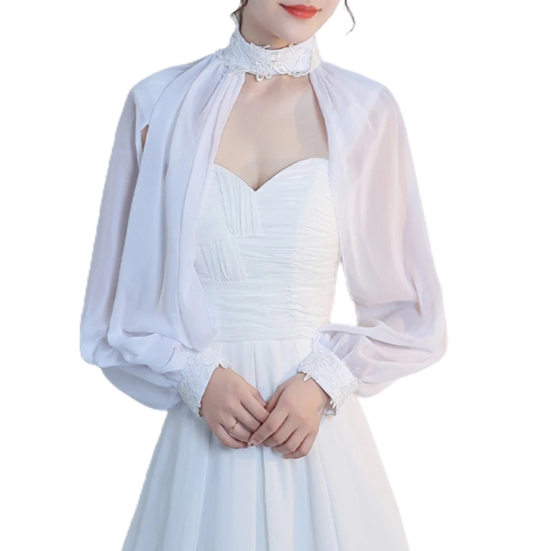 Women Side Split Long Sleeve Wedding Shawl Cape Halter Neck Shrug Open Front Lace Bridal Bole 649D