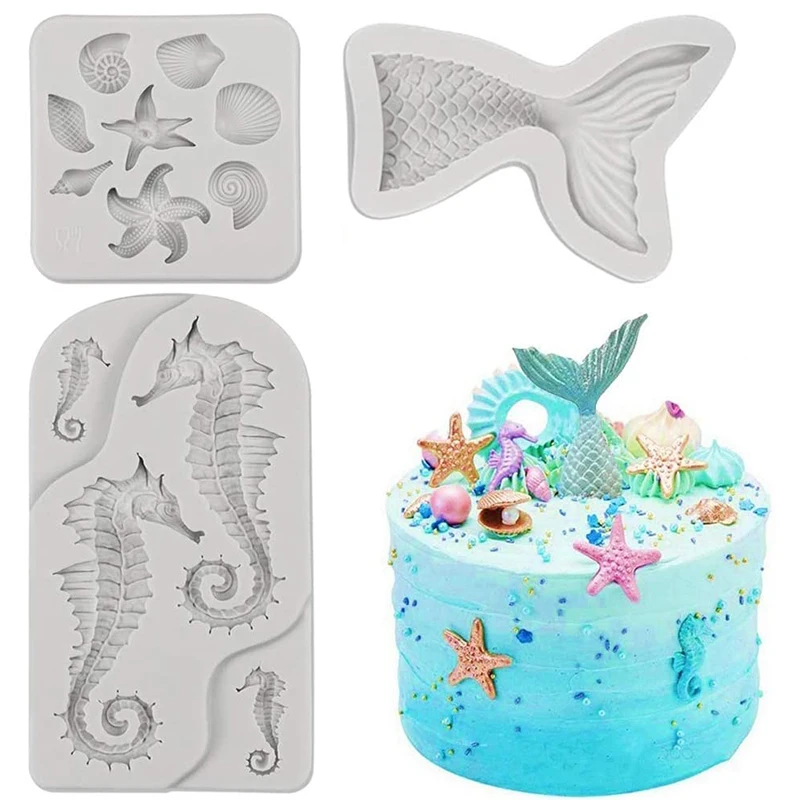 Marine Theme Cake Fondant Mold Seahorse Seashell Starfish Mermaid Tail Silicone Mold Chocolate Candy Polymer Clay Cupcake Decor