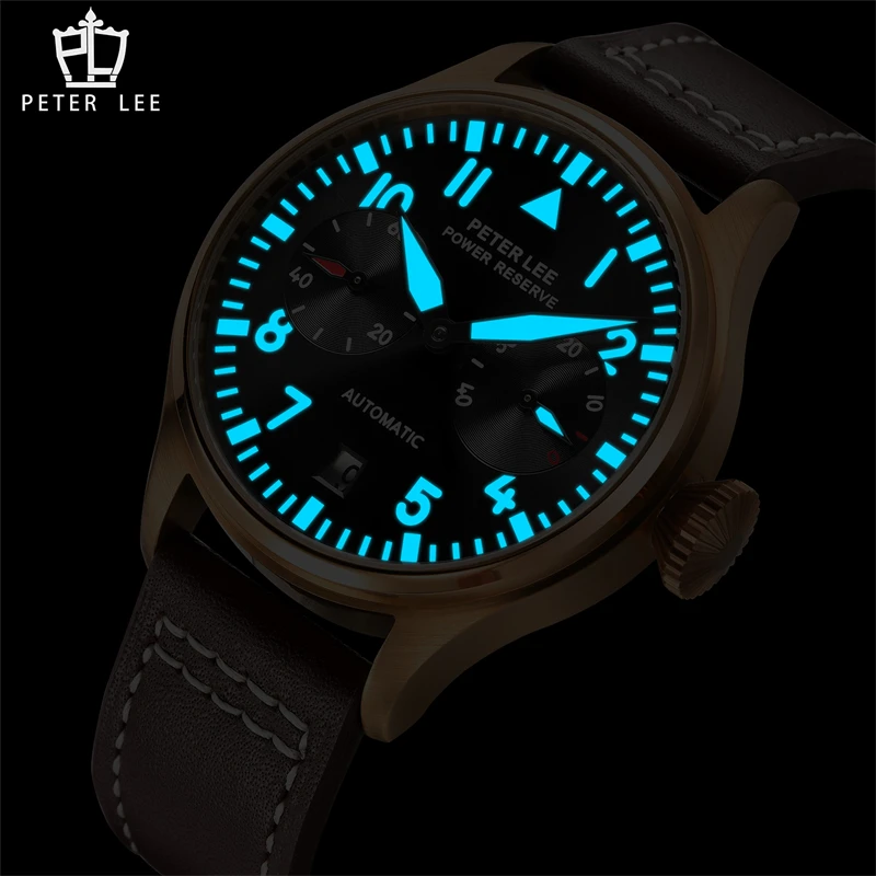 Marcas de lujo PETER LEE movimiento automático relojes de piloto mecánicos para hombre elegante luminoso aviador cuero regalos masculinos reloj