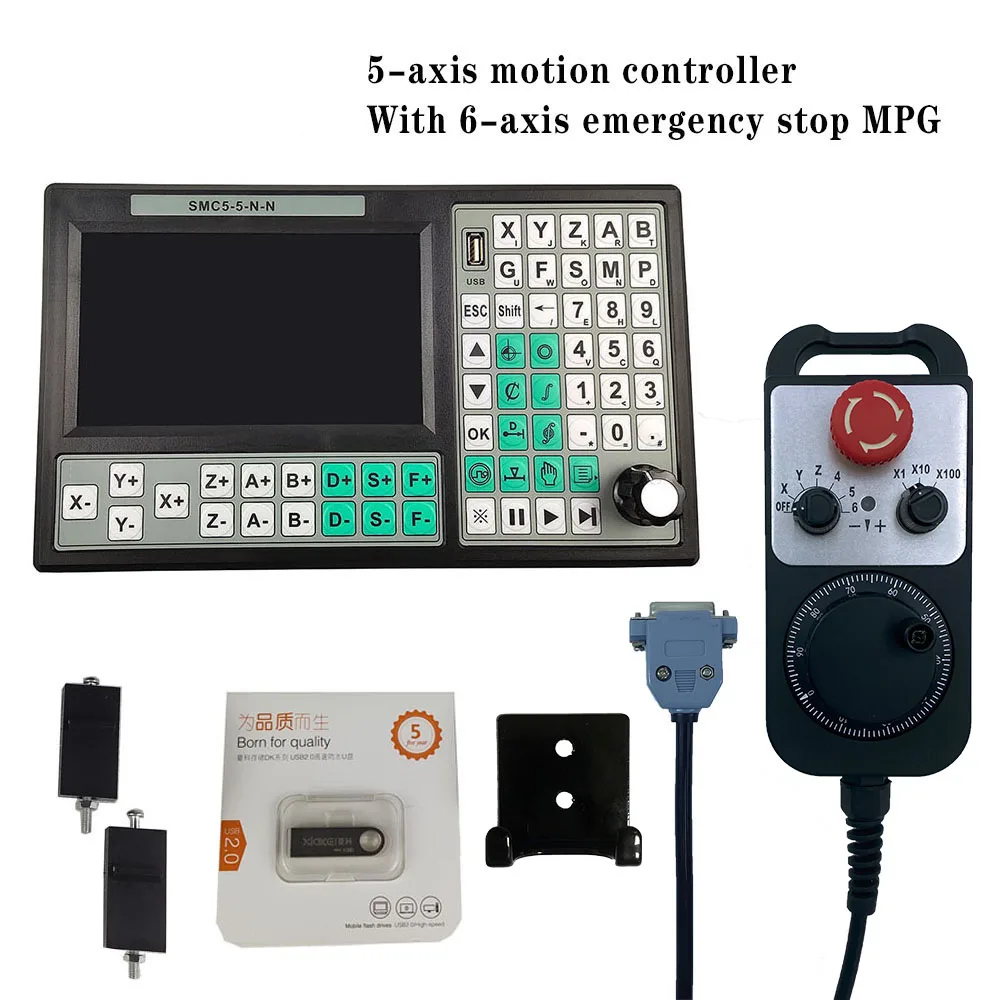 CNC 5 Axis Offline Mach3 USB Controller SMC5-5-N-N 500KHz G-Code For CNC Engraving Cutting Machine+ 6axis Handwheel+ 75w  power