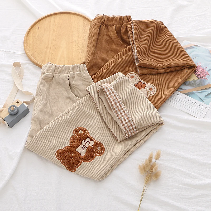 Harajuku Vintage Women Corduroy Pants Cute Cartoon Bear Embroidery Plaid Casual Trousers Winter Teen Girls Kawaii Straight Pants