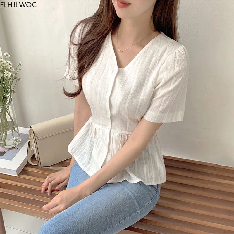 Short Chic Tops Summer Puff Sleeve Slim Waist Peplum Lace-Up Bow Tie Ruffled Shirt Blouse Women Top Korean Japan Flhjlwoc Cute