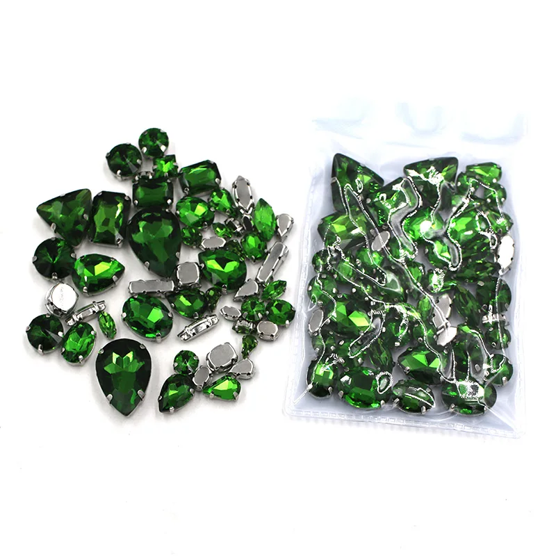 Hot selling 50pcs/bag high quality mixed shape Dark green glass crystal sew on rhinestones with claw diy clothing accessories