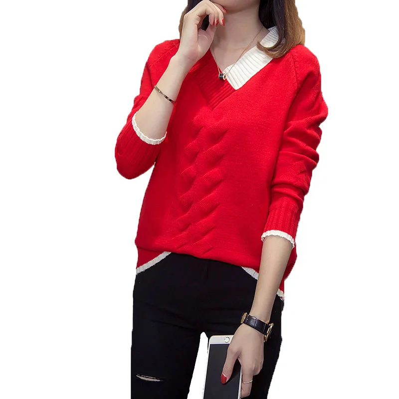 

Autumn Winter Plus Size Sweater Women Bottoming Shirt New Long-Sleeved Knit V-neck Sweater Pullover Ladies Loose Sweater T325
