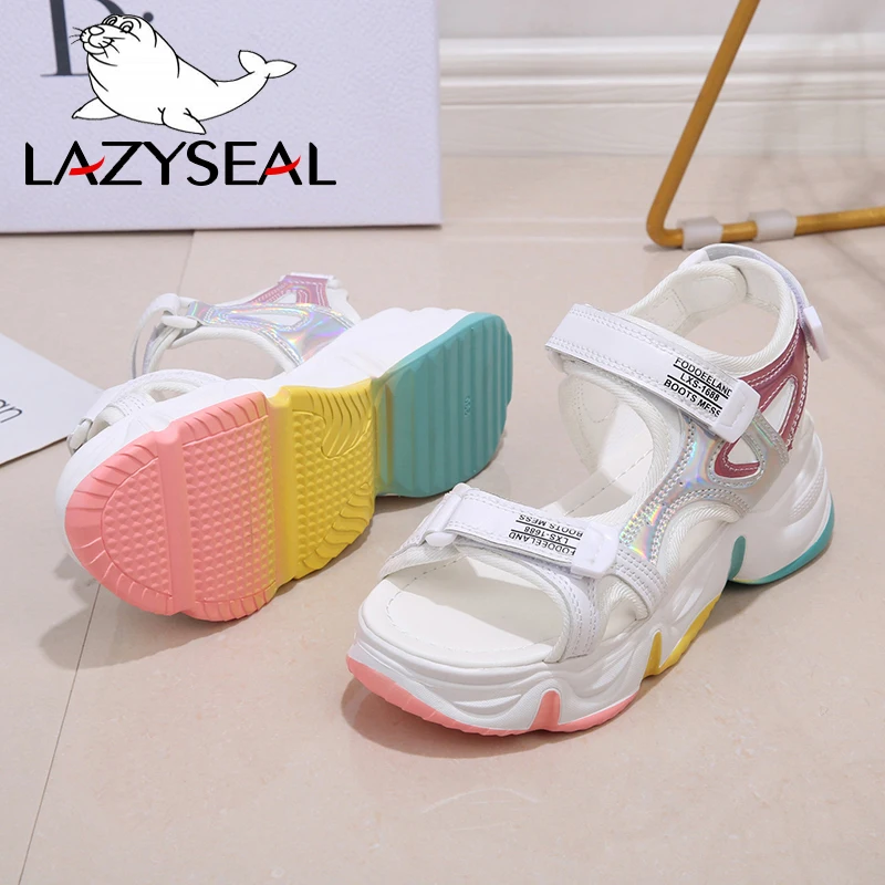 Lazyseal Platform Sandalen Vrouwelijke Zomer 2020 Vrouwen Dikke Bodem Regenboog Zool Klittenband Schoen Wedge Met Open Teen Platform schoenen