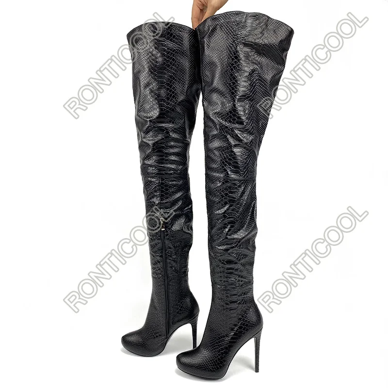 Ronticool Women Winter Platform Thigh Boots Snake Side Zipper Stiletto Heels Round Toe Black Night Club Shoes Women Us Size 5-20