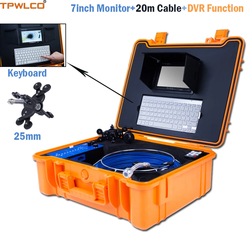 

7" TFT LCD Pipeline Industrial Endoscope System With DVR Function 25mm Drain Sewer Camera Head With 12pcs LED Lights 20m Cable