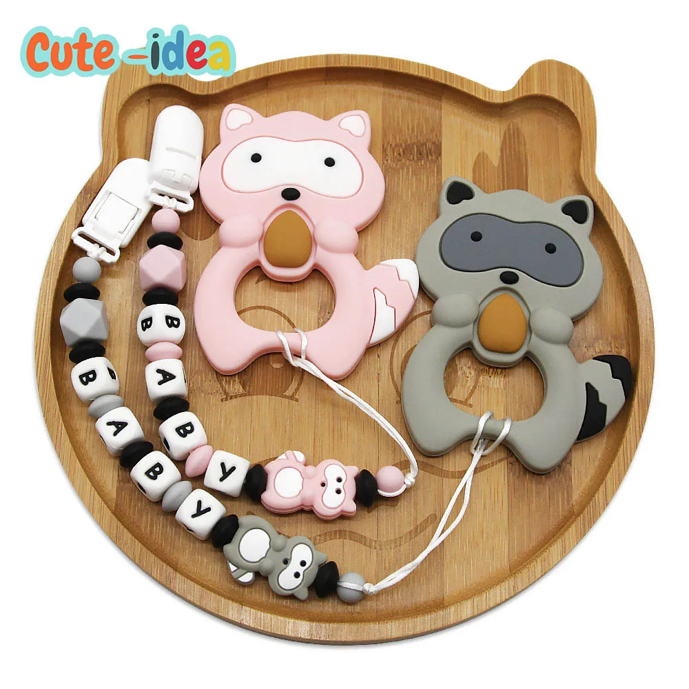 Cute-idea 1Pcs Baby Raccoon Silicone Beads Toys Boy Girl Baby Personalized Name Pacifier Holder Chain Baby Teething Teether