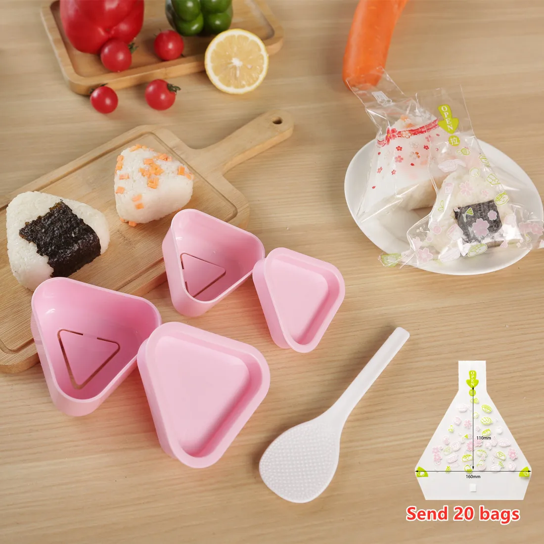 Triangle Onigiri Mold,2 Pcs Sushi Mold  ,Onigiri Mold Set with Wrapper Bags & Stickers for Bento Home DIY Sushi Making Kit